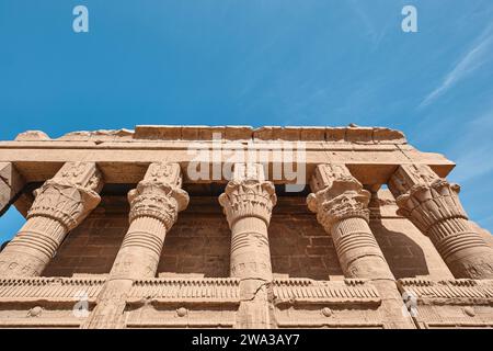 La colonna egiziana si dirige a Mammisi, un'antica piccola cappella egiziana conosciuta come casa natale, accanto al Tempio di Hathor nel complesso di Dendera Foto Stock