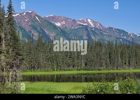 Tranquillo lago di fronte ad alte montagne, foreste e montagne innevate, natura selvaggia, Stewart Cassiar Highway, British Columbia, Canada, nord America Foto Stock