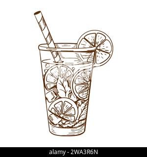 Disegno di un vetro di limonata con fette di limoni o limoni e cubetti di ghiaccio. Bevanda fresca estiva fredda. Illustrazione Vettoriale