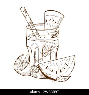 Disegno di un vetro di limonata con fette di calce di anguria e cubetti di ghiaccio. Bevanda fresca estiva fredda. Illustrazione Vettoriale