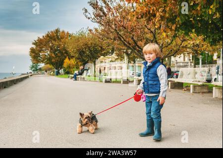 Bambino che cammina con il piccolo yorkshire terrier, che indossa un gilet blu Foto Stock