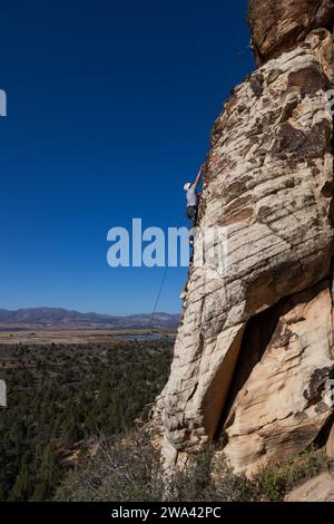Un arrampicatore che sale per la prossima presa mentre sale dritto su una scogliera di pietra arenaria nello Utah meridionale. Foto Stock