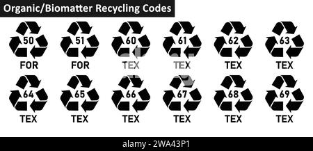 Set di icone del codice di riciclaggio dei biomatter organici. Codici 50,51,60-69 per il riciclaggio di biomatter organici per prodotti industriali e industriali. Striscia triangolare mobius. Illustrazione Vettoriale