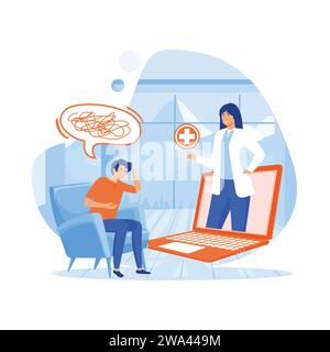 Appuntamento medico psicologo a distanza online, problema mentale di carattere di donna minuscola. illustrazione moderna a vettore piatto Illustrazione Vettoriale