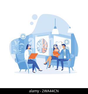 Sposata giovane coppia su appuntamento dello psicologo. Crisi matrimoniale, conflitti, problemi di relazione. illustrazione moderna a vettore piatto Illustrazione Vettoriale