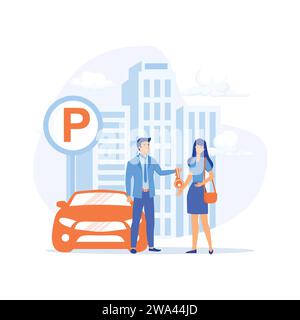 Servizio dell'hotel, il personale addetto al parcheggio riceve le chiavi dall'auto del cliente. illustrazione moderna a vettore piatto Illustrazione Vettoriale