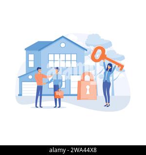 Concetto di business immobiliare. Acquisto di una casa, chiavi di casa, protezione e sicurezza, affitto di immobili e chiavi in mano, illustrazione moderna a vettore piatto Illustrazione Vettoriale