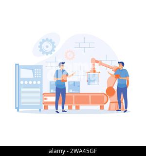 Settore intelligente. Ingegnere che lavora con l'interfaccia interattiva. produzione innovativa, illustrazione moderna a vettore piatto Illustrazione Vettoriale