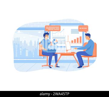 Consultazione finanziaria. Uomo d'affari che aiuta un collega a una riunione d'affari. illustrazione moderna a vettore piatto Illustrazione Vettoriale
