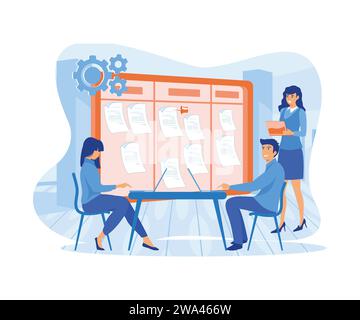 Agile team aziendale di programmatori che lavora e pianifica la propria attività sulla scrum board. Lavagna bianca e lavoro di squadra sui processi, metodologia dello schema. vettore piatto Illustrazione Vettoriale