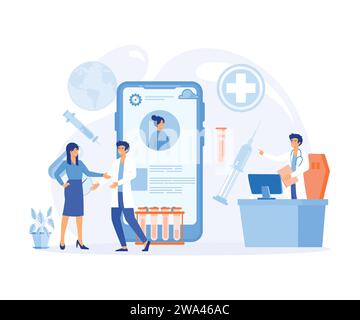 Assistenza sanitaria elettronica. Cartella clinica del paziente, medico che aiuta le persone. illustrazione moderna a vettore piatto Illustrazione Vettoriale