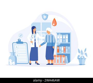 Concetto di controllo del diabete e assistenza sanitaria. Medico che controlla il livello di zucchero nel sangue in un uomo anziano. illustrazione moderna a vettore piatto Illustrazione Vettoriale