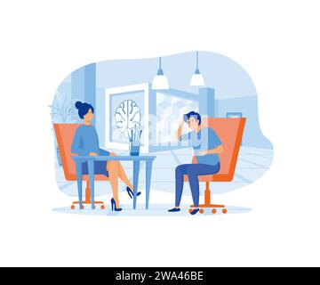 Personaggio maschile alla visita dello psicoterapeuta. Psicologo che parla con il paziente nell'armadietto. Assistenza sanitaria, neurologia e trattamento. il vettore piatto moderno Illustrazione Vettoriale