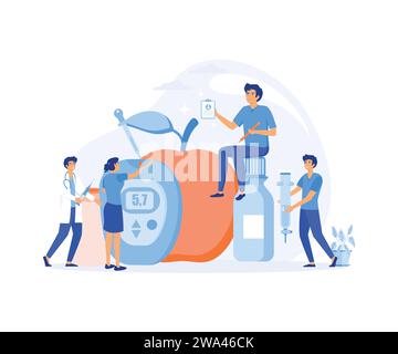 Test del livello di glucosio nel sangue diabetico al glucometro digitale. Goccia di insulina per il trattamento sanitario. illustrazione moderna a vettore piatto Illustrazione Vettoriale