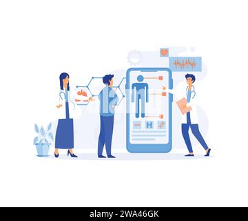 Medici che esaminano un paziente utilizzando un'app medica su smartphone, consulenza medica online e tecnologia. illustrazione moderna a vettore piatto Illustrazione Vettoriale