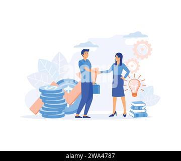 Crescita aziendale. Facchini una squadra di successo. L'investitore detiene il denaro nelle idee. finanziamento di progetti creativi. handsha per uomini e donne Illustrazione Vettoriale