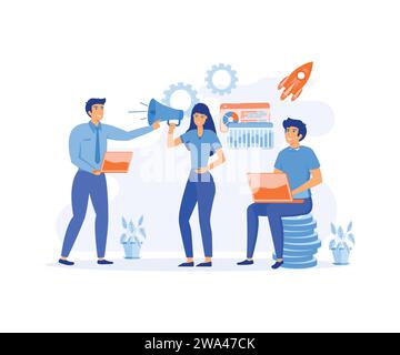 Team di marketing. Set di icone per professionisti del marketing, attività pubblicitarie, networking in tutto il mondo. illustrazione moderna a vettore piatto Illustrazione Vettoriale