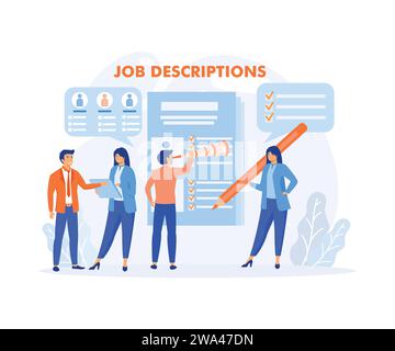 Caratteri minuscoli del datore di lavoro che leggono curriculum personale, candidati che cercano offerte di formazione professionale in Internet Resource. illustrazione moderna a vettore piatto Illustrazione Vettoriale