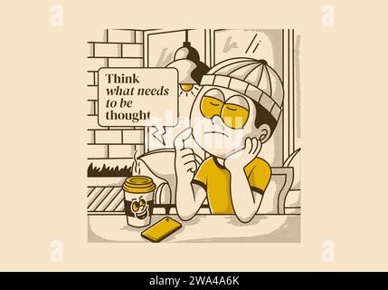 Pensa a cosa bisogna pensare. L'illustrazione vintage di un ragazzo al bar sta pensando a qualcosa Illustrazione Vettoriale