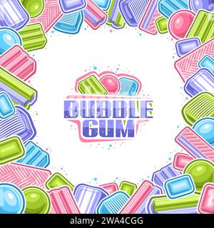 Cornice Vector Bubble Gum, cartellone quadrato con disegno dei cartoni animati composizione di varie gomme gommose, gruppo di molte gommose alla menta vibrante, squisita varietà candi Illustrazione Vettoriale