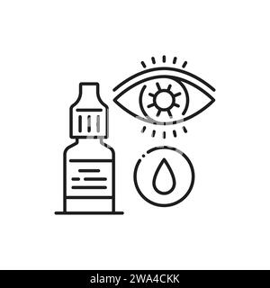 Collirio linea icona di farmacia medicina e trattamento medico, contorno vettore. Collirio bottiglia per oftalmologia e assistenza sanitaria della vista, gocce artificiali o lubrificante per lenti a contatto di gocce oculari Illustrazione Vettoriale