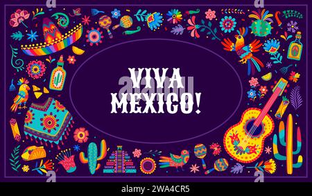 Banner Viva Mexico con oggetti tradizionali per le feste di alebrije. Sfondo vettoriale con sombrero, uccelli, fiori tropicali e chitarra. Maracas, cactus, tequila, piramide e tex mex food, taco o nachos Illustrazione Vettoriale