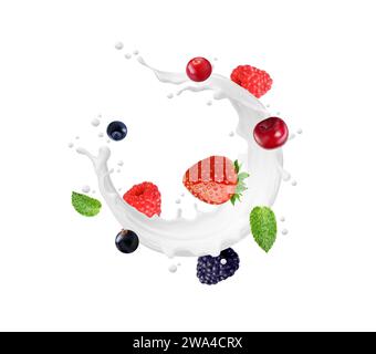 Latte, yogurt, panna da dessert, spolverate con frutti di bosco. Onda circolare realistica vettoriale 3d isolata con fragole, mirtilli rossi, ribes nero, more e foglie di menta verde. Flusso di latte liquido bianco Illustrazione Vettoriale