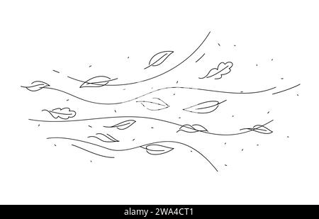 L'aria del vento e il doodle lasciano il movimento. Stampe a mano per la stagione autunnale, sfondo con linee che soffiano il vento o sfondo vettoriale lineare per il tempo ventoso dell'autunno. Modello di contorno monocromatico a onda di flusso d'aria Illustrazione Vettoriale