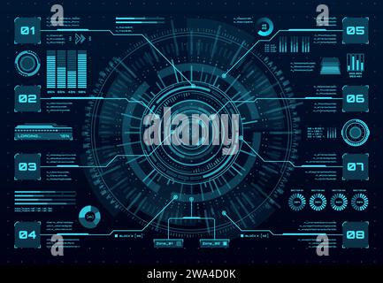 Schermata dati HUD, interfaccia cruscotto digitale e infografiche virtuali, pannello interfaccia utente vettoriale. Tecnologia HUD e grafici grafici grafici dei giochi futuri, dashboard spaziali comandi digitali e infografiche grafiche visive della barra delle informazioni Illustrazione Vettoriale