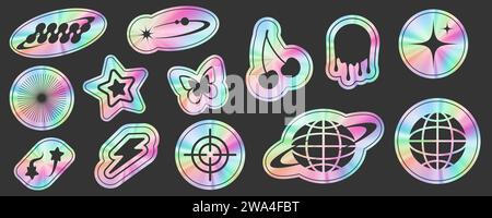 Set di adesivi olografici Y2K. Forme ed etichette di lamina a gradiente retrospettivo. Futuristica collezione al neon rave. Badge grafici testurizzati. Vettore. Illustrazione Vettoriale