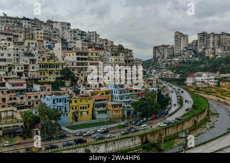 Vista di un'area residenziale arroccata su una collina sul fiume Abou Ali dalla Cittadella di Tripoli in una giornata cupa d'inverno. Tripoli, Libano Foto Stock