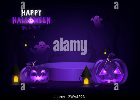 Sfondo di Halloween con un modellino del podio per l'esposizione dei prodotti, illustrazione vettoriale Illustrazione Vettoriale