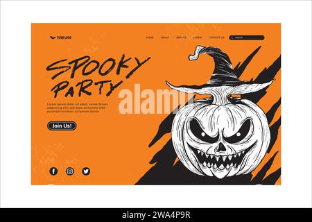 Design della copertina del modello Web di Halloween con zucca Jack o lanterna su sfondo arancione, illustrazione vettoriale Illustrazione Vettoriale