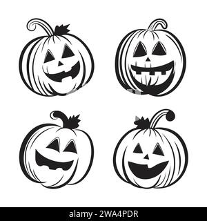 Jack o lanterna Halloween zucca profilo design vettoriale Set di quattro isolati su sfondo bianco Illustrazione Vettoriale