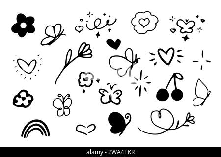 Baterfly con graziosi fiori, arcobaleno, burst ambientato in stile doodle isolato su sfondo bianco. Disegno dello schizzo, cartone animato. Illustrazione vettoriale Illustrazione Vettoriale