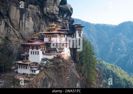 La vista iconica del Monastero del Nest della Tigre nella Valle di Paro, il più famoso punto di riferimento del Bhutan. Foto Stock