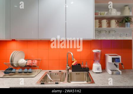 Immagini degli interni della cucina con un elegante lavandino, un'area piatti ben organizzata, una sofisticata macchina per il caffè e un elegante bancone, questa scena incarna la p Foto Stock