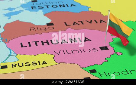 Lituania, Vilnius - bandiera nazionale fissata sulla mappa politica - illustrazione 3D. Foto Stock