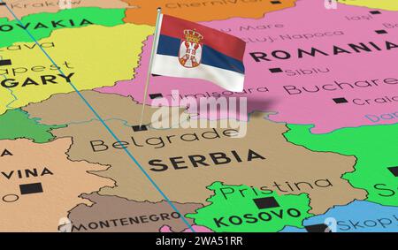 Serbia, Belgrado - bandiera nazionale fissata sulla mappa politica - illustrazione 3D. Foto Stock