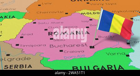 Romania, Bucarest - bandiera nazionale fissata sulla mappa politica - illustrazione 3D. Foto Stock