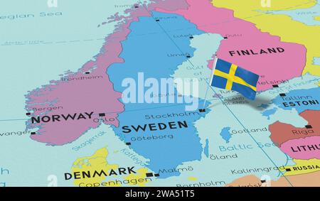 Svezia, Stoccolma - bandiera nazionale fissata sulla mappa politica - illustrazione 3D. Foto Stock