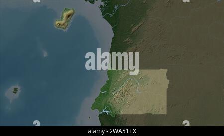 La Guinea Equatoriale è evidenziata su una mappa di elevazione color pallido con laghi e fiumi Foto Stock