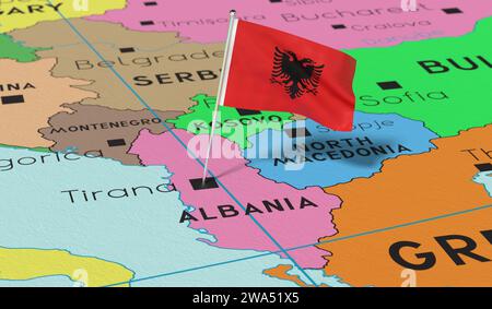 Albania, Tirana - bandiera nazionale fissata sulla mappa politica - illustrazione 3D. Foto Stock