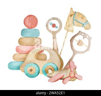 Giocattoli in legno ad acquerello per neonati. Cavallo a dondolo, piramide e piano in materiale ecologico naturale per lo sviluppo di bambini Illustrazione Vettoriale