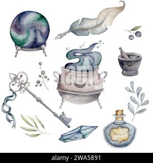 Collezione di elementi magici: Calderone con pozione, palla magica, piume, mortaio, chiave, cristallo, bottiglia con pozione, erbe, frutti di bosco Foto Stock