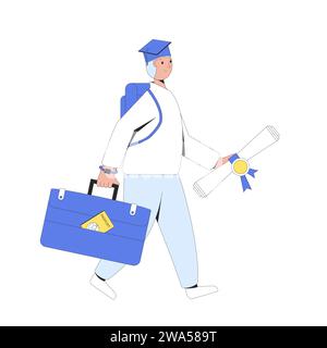 Illustrazione vettoriale di un giovane che viaggia con il suo diploma e certificato. Ottenere istruzione. Immigrazione laureata. Metafora della fuga dei cervelli. Studia un Illustrazione Vettoriale