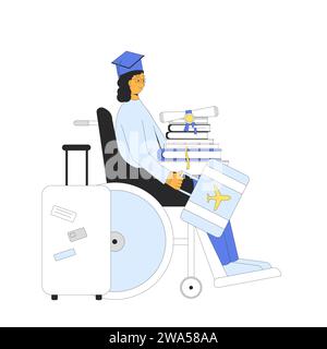 Laureato in sedia a rotelle in viaggio all'estero. Metafora della fuga dei cervelli. Inclusione dell'immigrazione studentesca per ottenere l'istruzione. Illustrazione del profilo vettoriale. Illustrazione Vettoriale