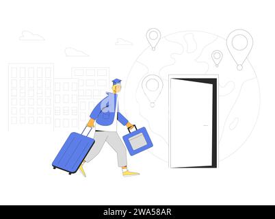 Un giovane che sceglie un college all'estero. Borsa di studio per ottenere l'istruzione. Rotta diplomatica per l'immigrazione. Metafora della fuga dei cervelli. Illustrazione del profilo vettoriale Illustrazione Vettoriale
