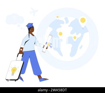 Metafora della fuga dei cervelli. Programma di immigrazione per laureati. Opportunità di studio e lavoro all'estero per lavoratori qualificati. Visto per ottenere l'istruzione. Outlin vettoriale Illustrazione Vettoriale