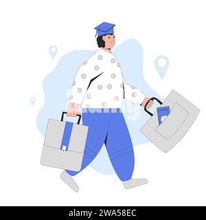 Possibilità per i lavoratori qualificati di lavorare all'estero. Metafora della fuga dei cervelli. Immigrazione professionale. Illustrazione del profilo vettoriale. Illustrazione Vettoriale